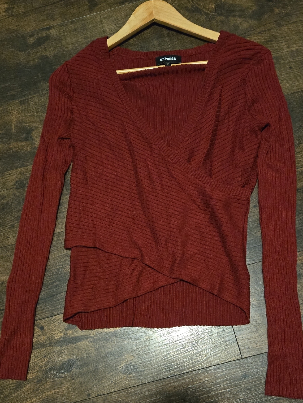 Express Ribbed Wrap V-Neck Long Sleeve Top - Rust Red